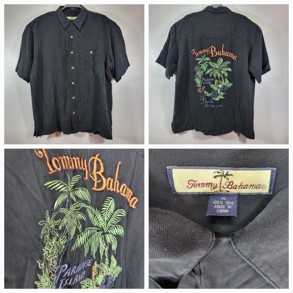 Tommy Bahama Paradise Island Life Is A Beach Embroidered Black Hawaiian Shirt XL
